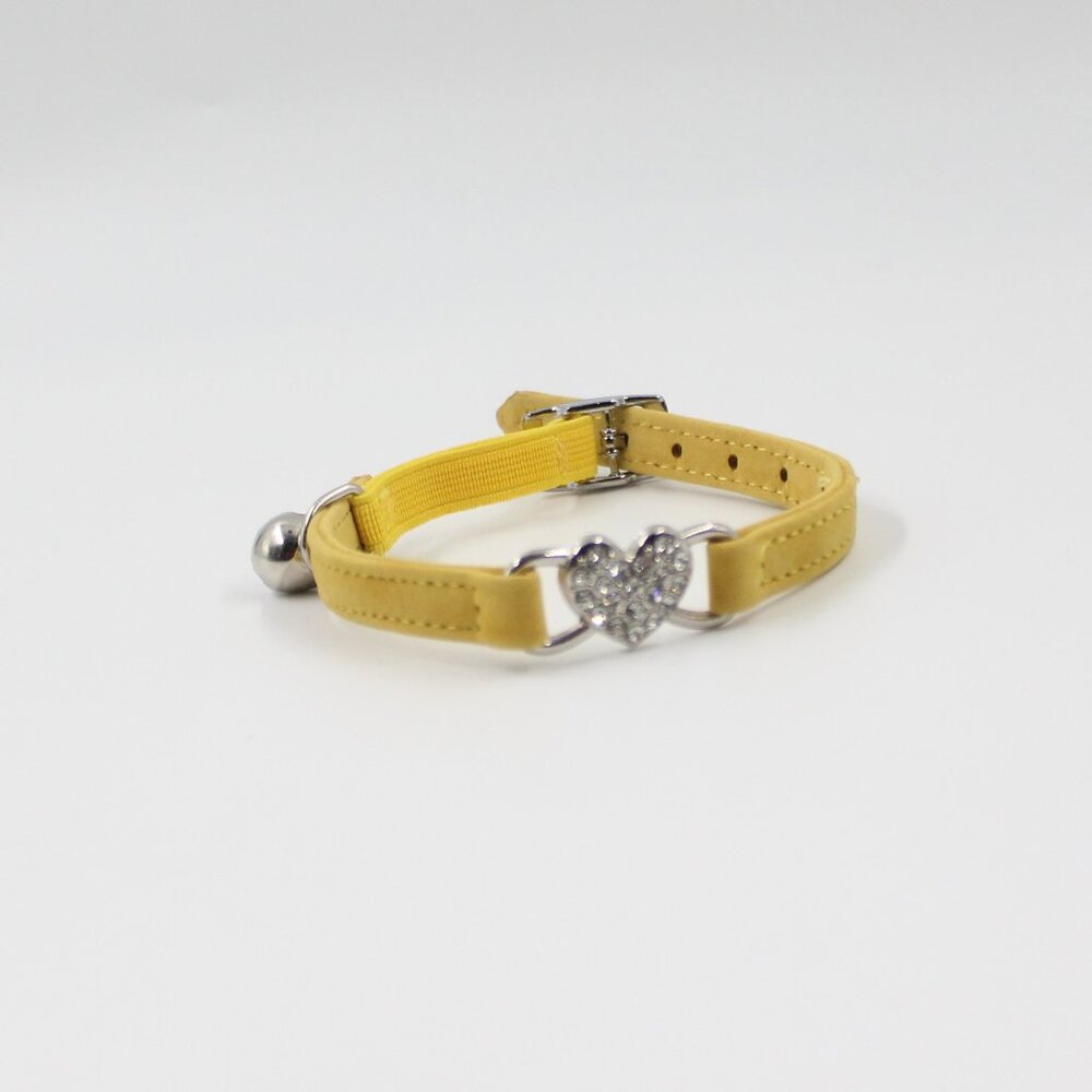 Yellow Suede and Rhinestone Adjustable Dog Collar with a Bell